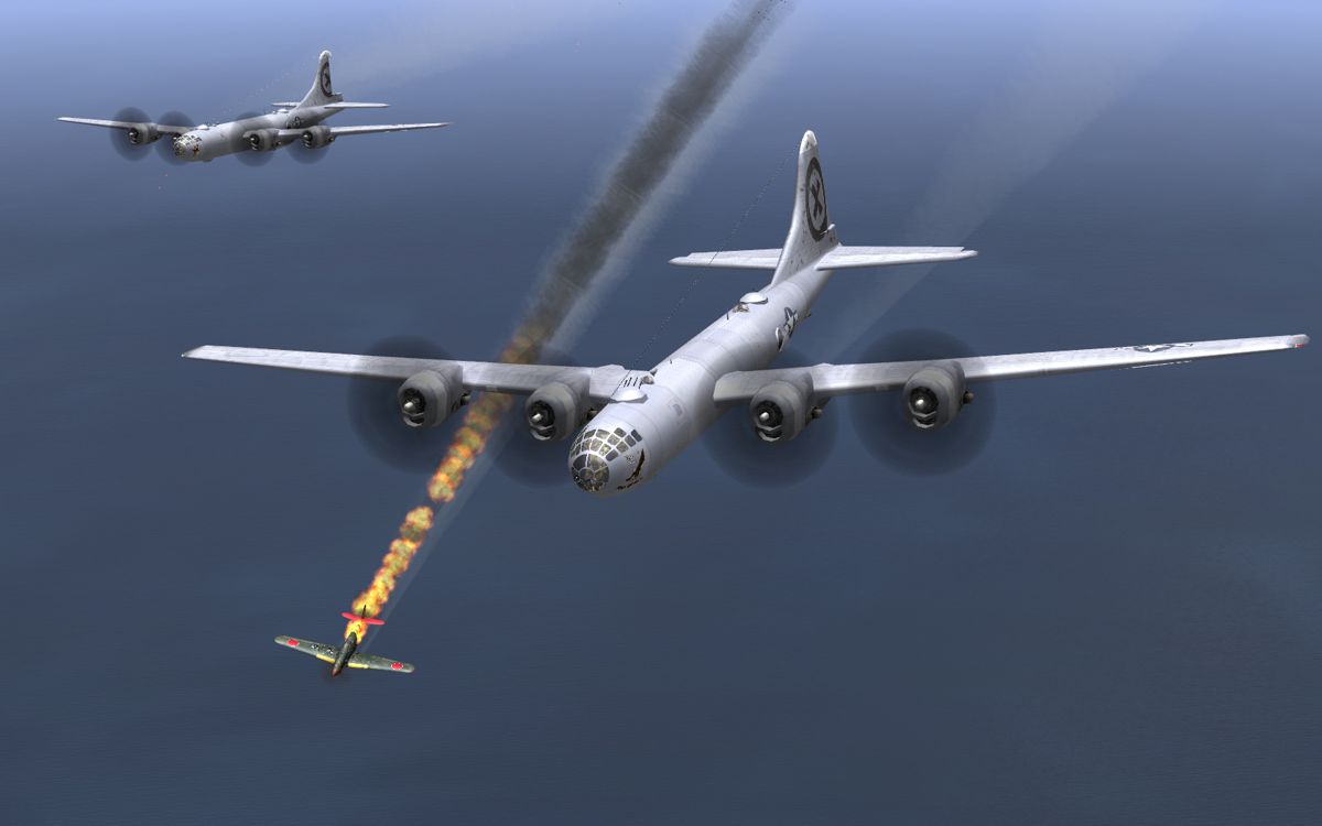 Pacific Fighters (Windows) screenshot: B-29 Superfortresses come under attack from Japanese fighters as they approach the coast of Japan.