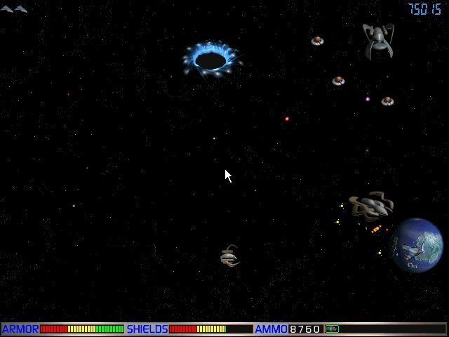 Juggernaut Corps: First Assault (Windows) screenshot: Look in the lower right corner : I'm just in front a blue planet, attacking a much bigger ennemy ship !