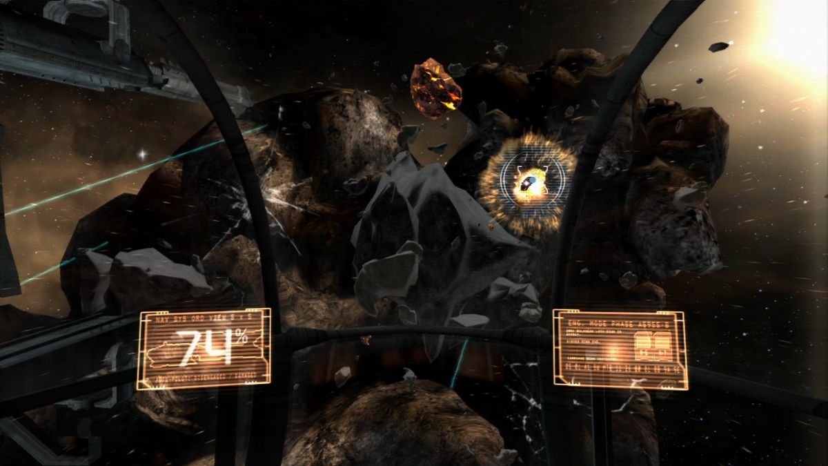 Dead Space: Extraction (PlayStation 3) screenshot: Shooting at the planet debris on a collision course with your shuttle.