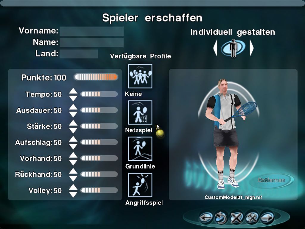Tennis Masters Series 2003 (Windows) screenshot: Now let's start a career...create your avatar at first.