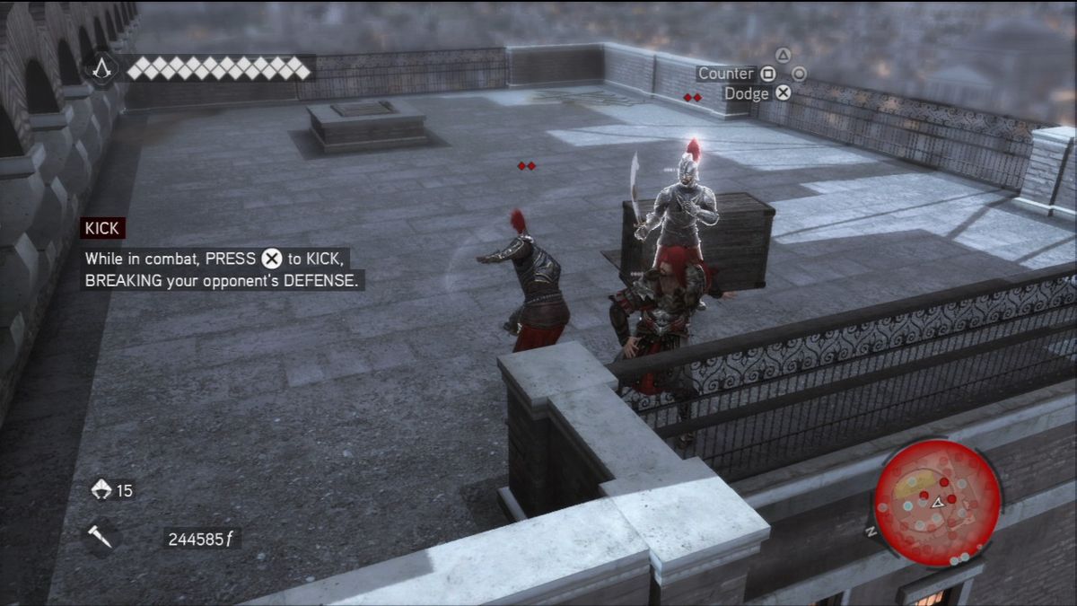 Assassin's Creed: Brotherhood (PlayStation 3) screenshot: You won't be able to parry to every enemy, so use evasion and boot kick.