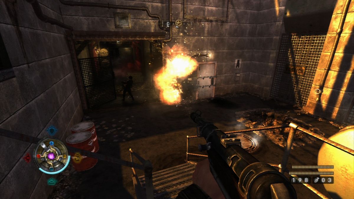 Wolfenstein (PlayStation 3) screenshot: Use explosive barrels to your advantage.