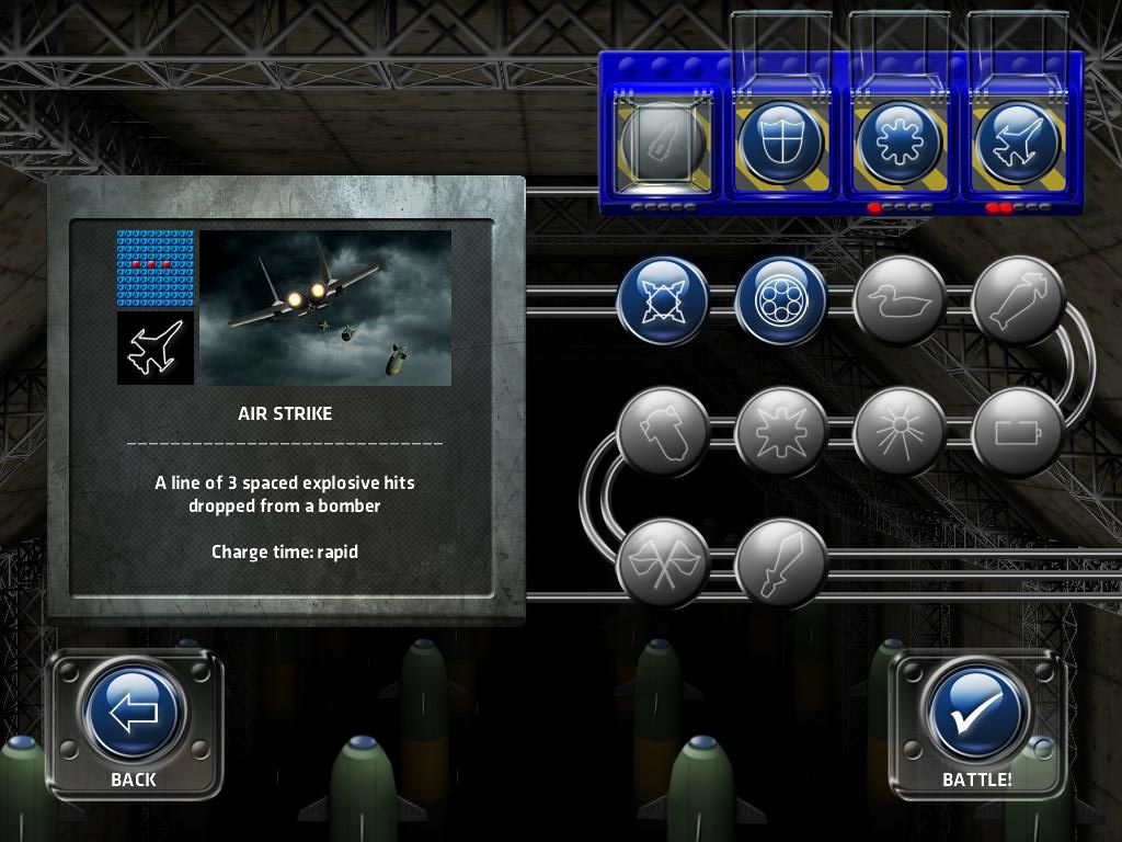 Battleship (iPad) screenshot: Super Weapons game mode - select weapons to use