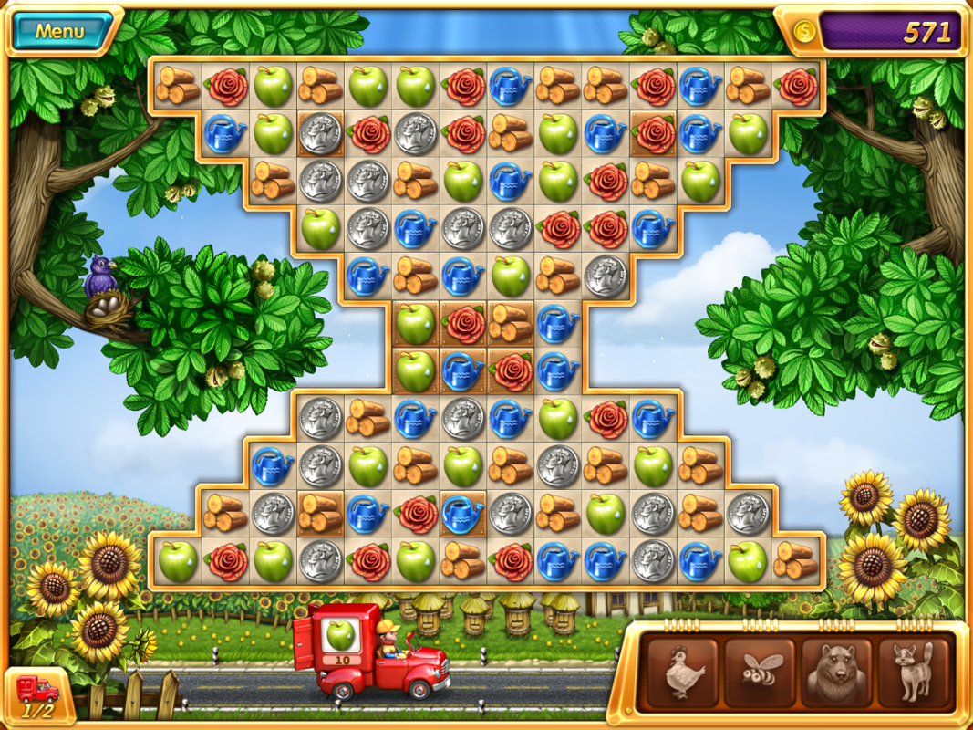 Crop Busters (Windows) screenshot: The truck is parked at the bottom. I need to fill this one with apples.