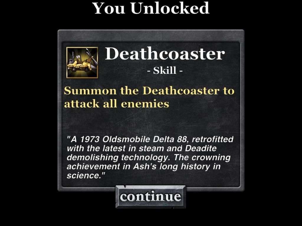 Army of Darkness: Defense (iPad) screenshot: Unlocked the Deathcoaster - Ash's 1973 Olds Delta 88