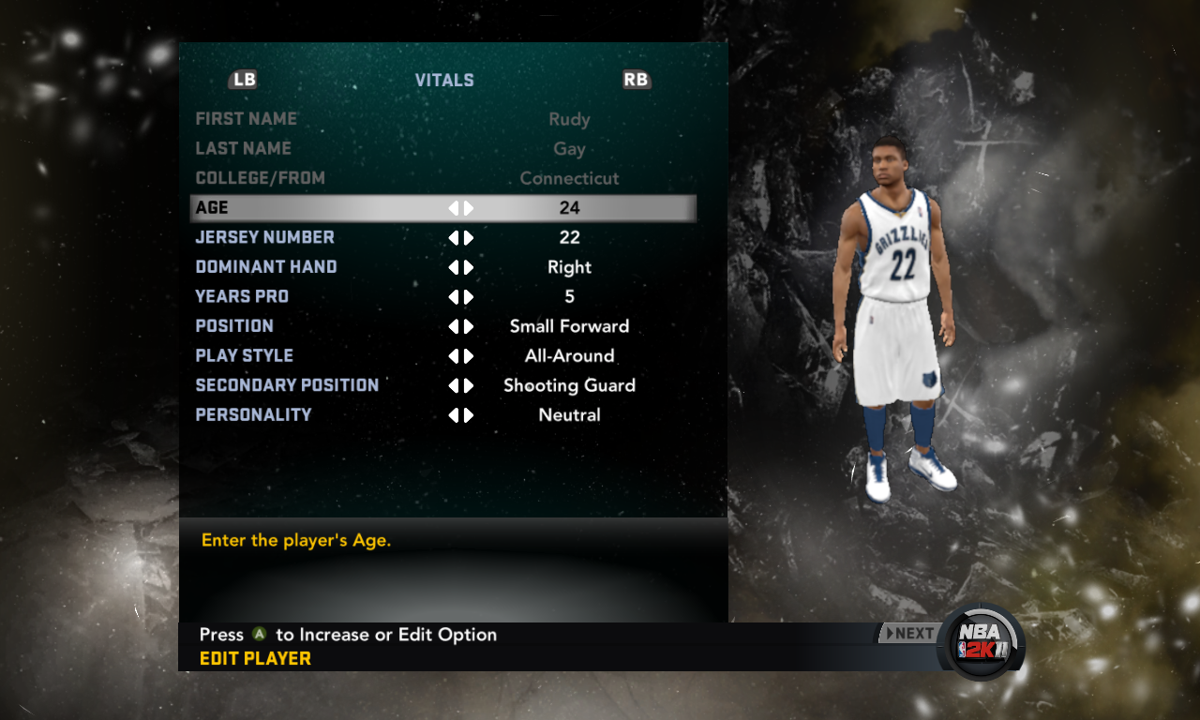 NBA 2K11 (Windows) screenshot: Editing Rudy Gay