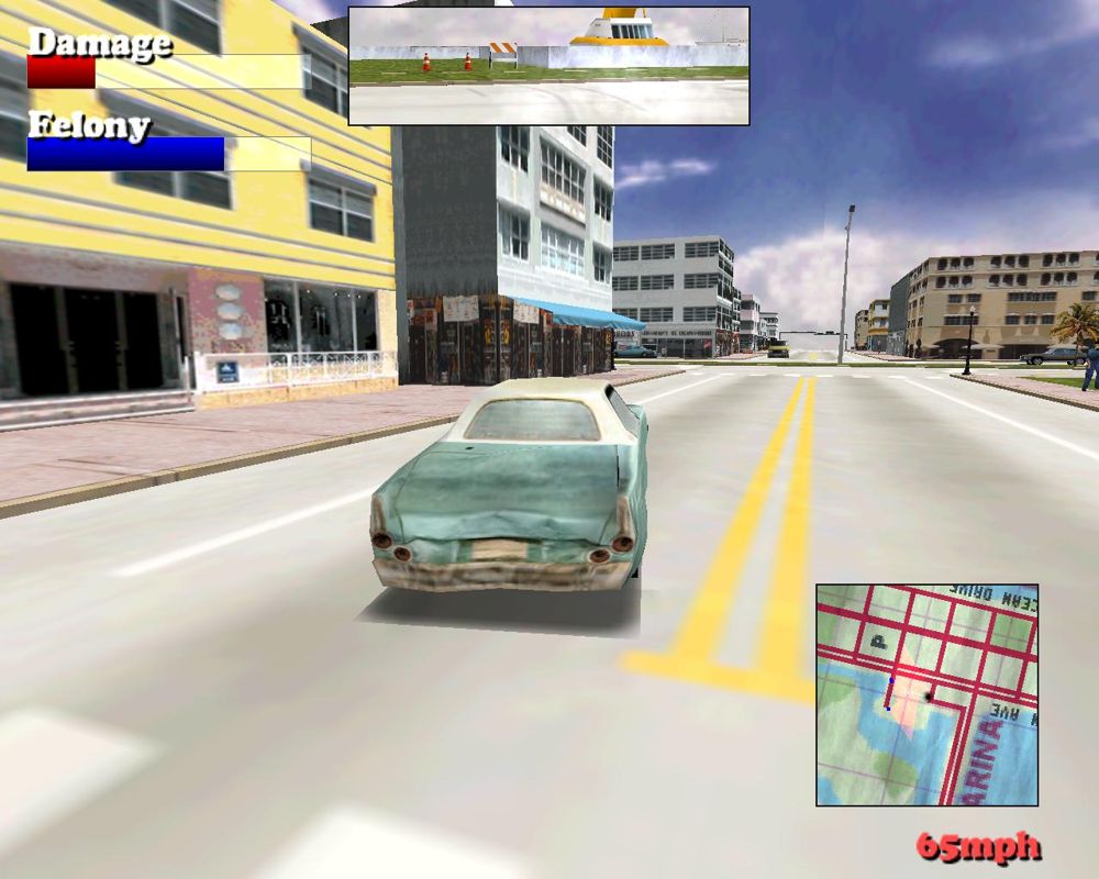 Driver (Windows) screenshot: Taking a ride in Miami with a fast bonus car, unlocked after finishing the game