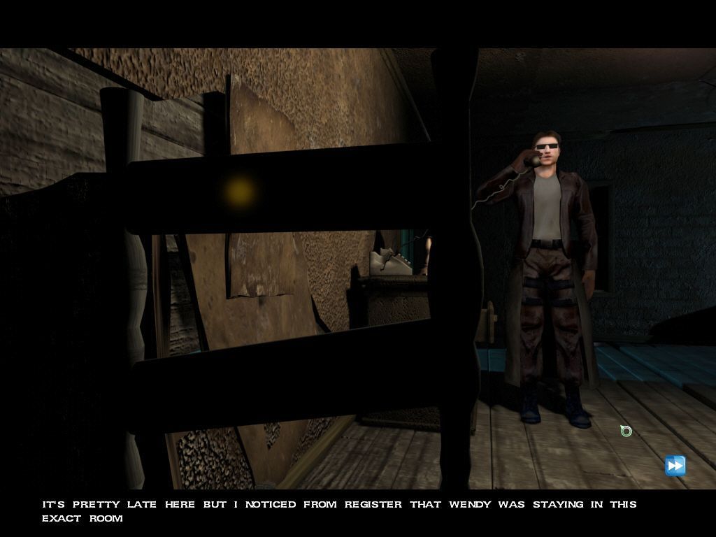 Last Half of Darkness: Society of the Serpent Moon (Windows) screenshot: The game starts with Billy on the phone in a dingy motel room (demo)