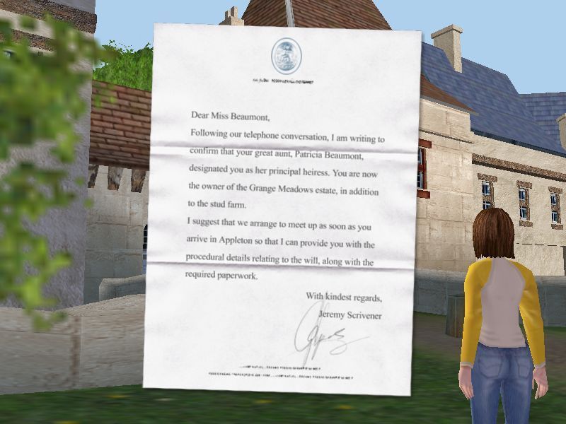 Pippa Funnell: The Stud Farm Inheritance (Windows) screenshot: Part of the introduction sequence is the letter that started it all.