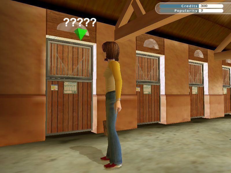 Pippa Funnell: The Stud Farm Inheritance (Windows) screenshot: In the stables. A green triangle indicates an object can be interacted with. Here it's the stable door. The ???? is there because the horse has not been named yet