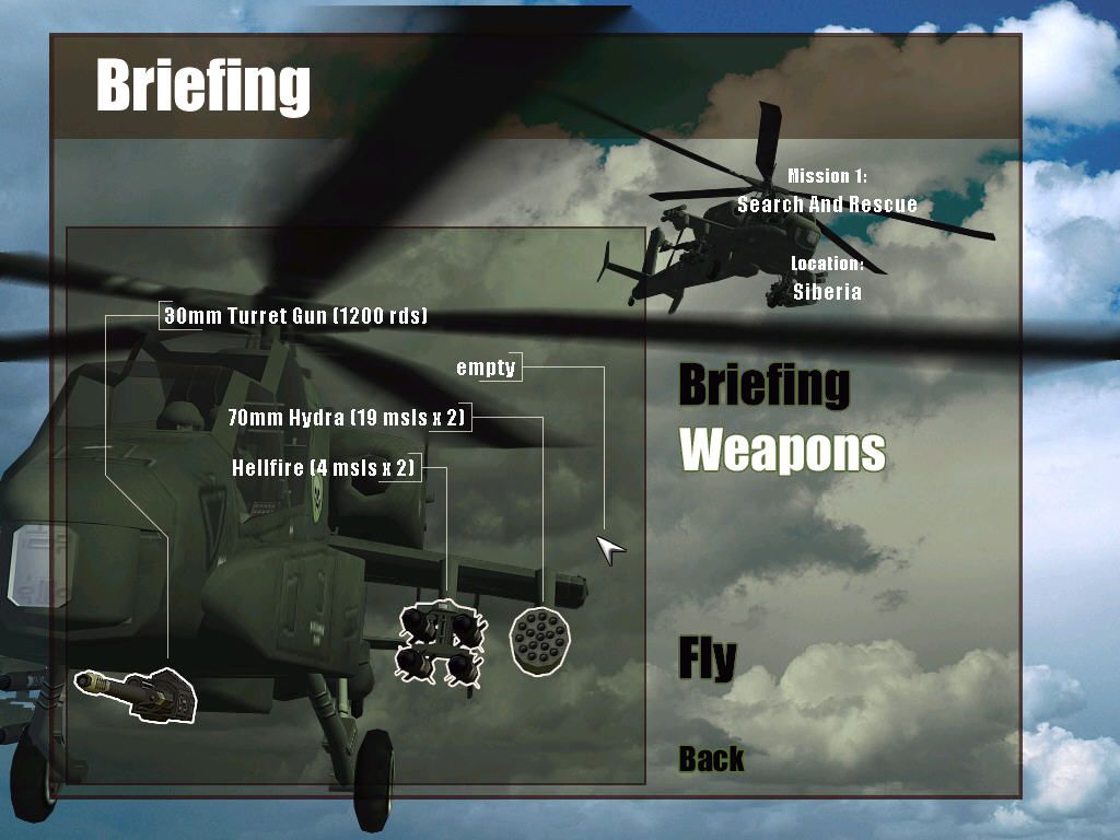 Apache Longbow Assault (Windows) screenshot: A look at the weapons during the briefing