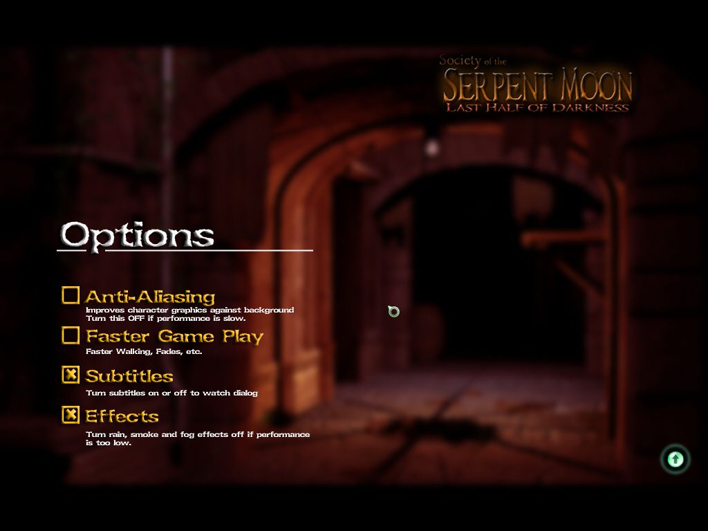 Last Half of Darkness: Society of the Serpent Moon (Windows) screenshot: Options (demo)