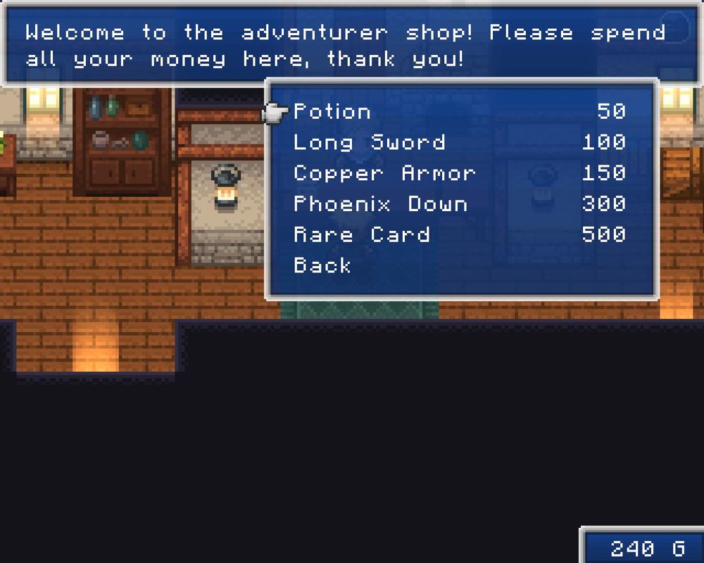 Evoland (Windows) screenshot: A shop. Previously inaccessible for children due to regulations from the National Sword Association. The resemblance to <i>Final Fantasy</i> games here is a bit too obvious.