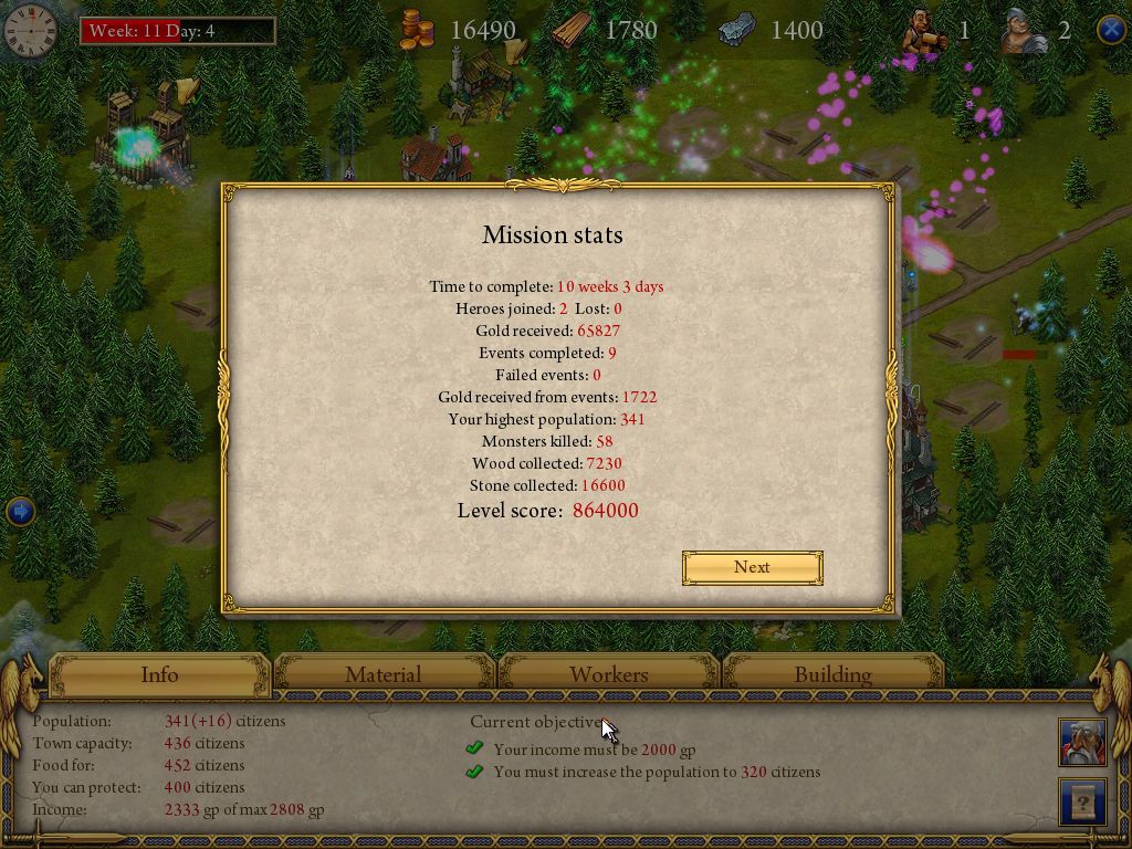Be a King II (Windows) screenshot: Mission stats are displayed at the end of each mission