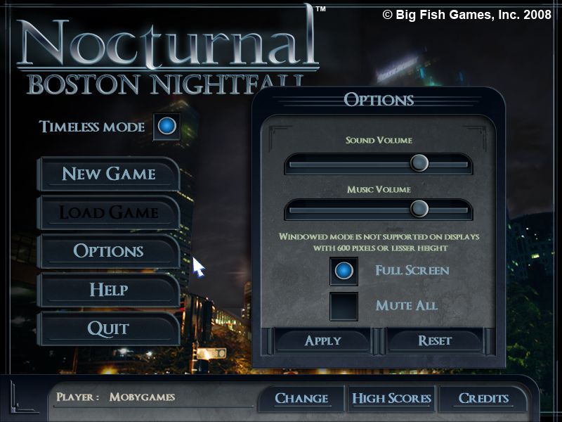 Nocturnal: Boston Nightfall (Macintosh) screenshot: Options