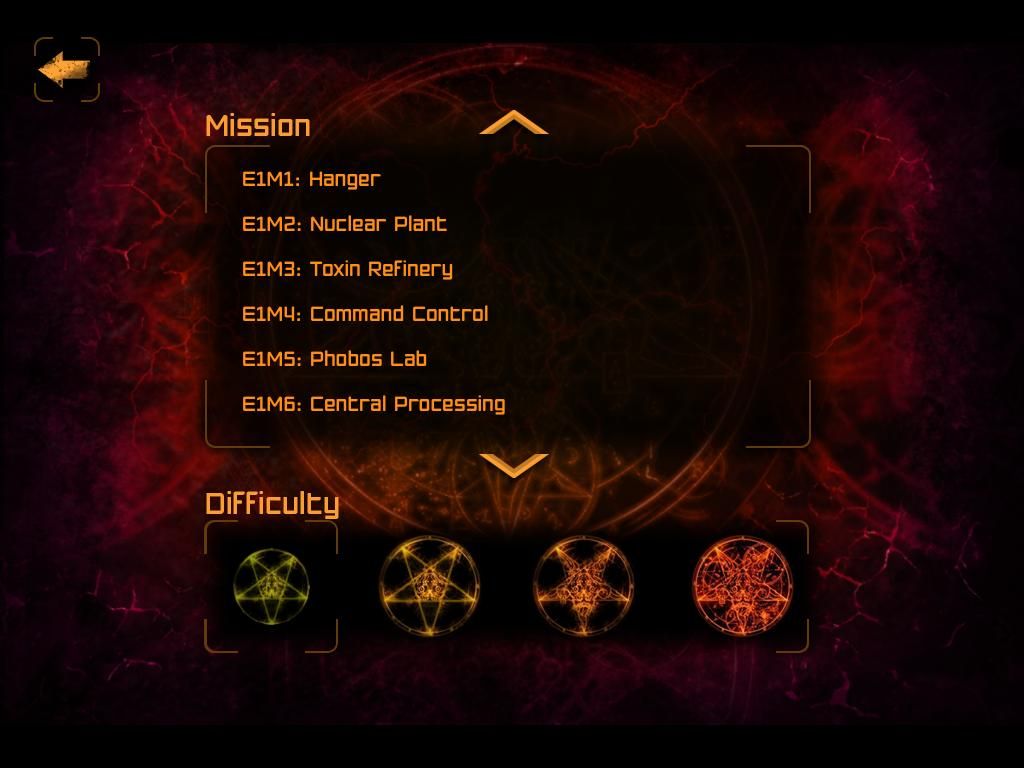 The Ultimate Doom (iPad) screenshot: Mission selection and difficulty