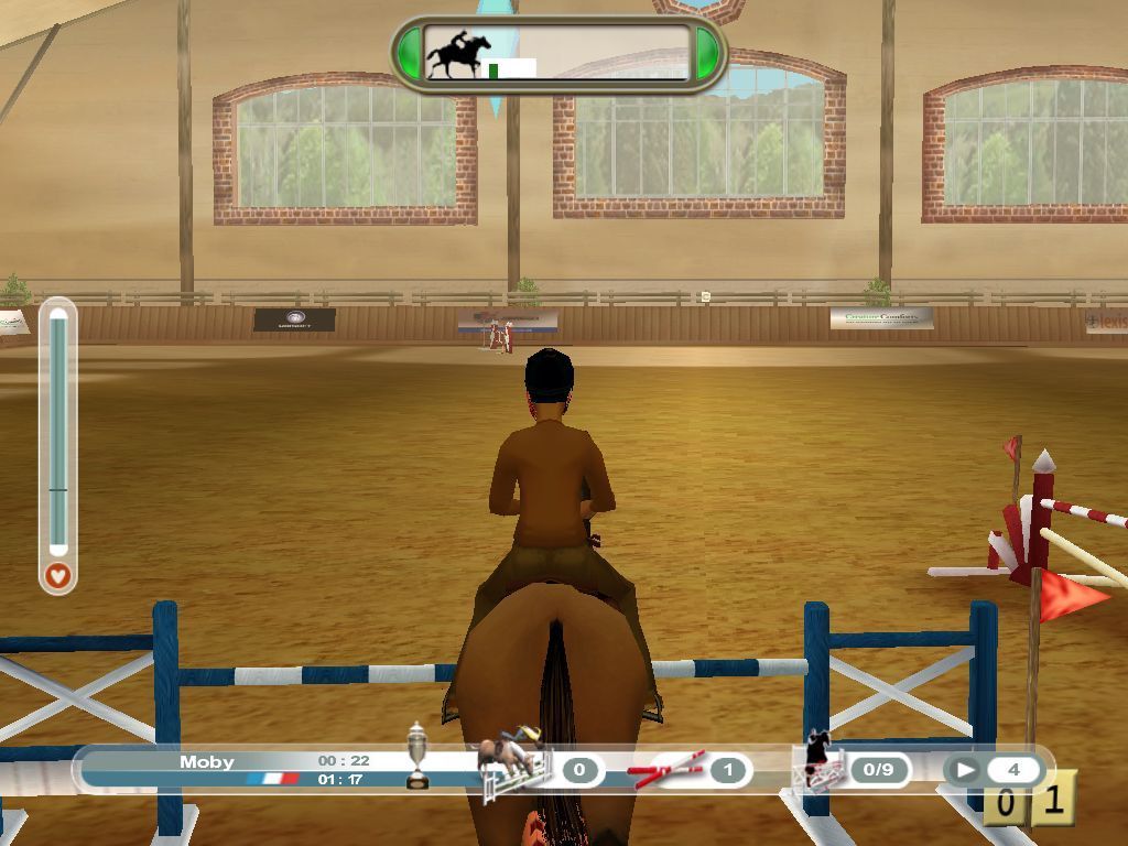 Pippa Funnell: The Stud Farm Inheritance (Windows) screenshot: The fence is within the horses capability so the panel's edges turn green, it's a good jump.