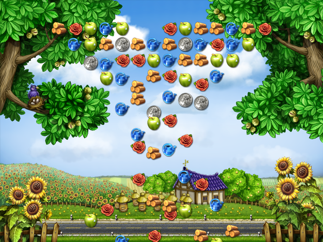 Crop Busters (Windows) screenshot: When a level ends, the walls break apart and all the items drop.