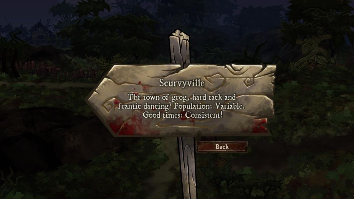 DeathSpank: Thongs of Virtue (Windows) screenshot: Signs usually don't provide useful information in Deathspank's world.