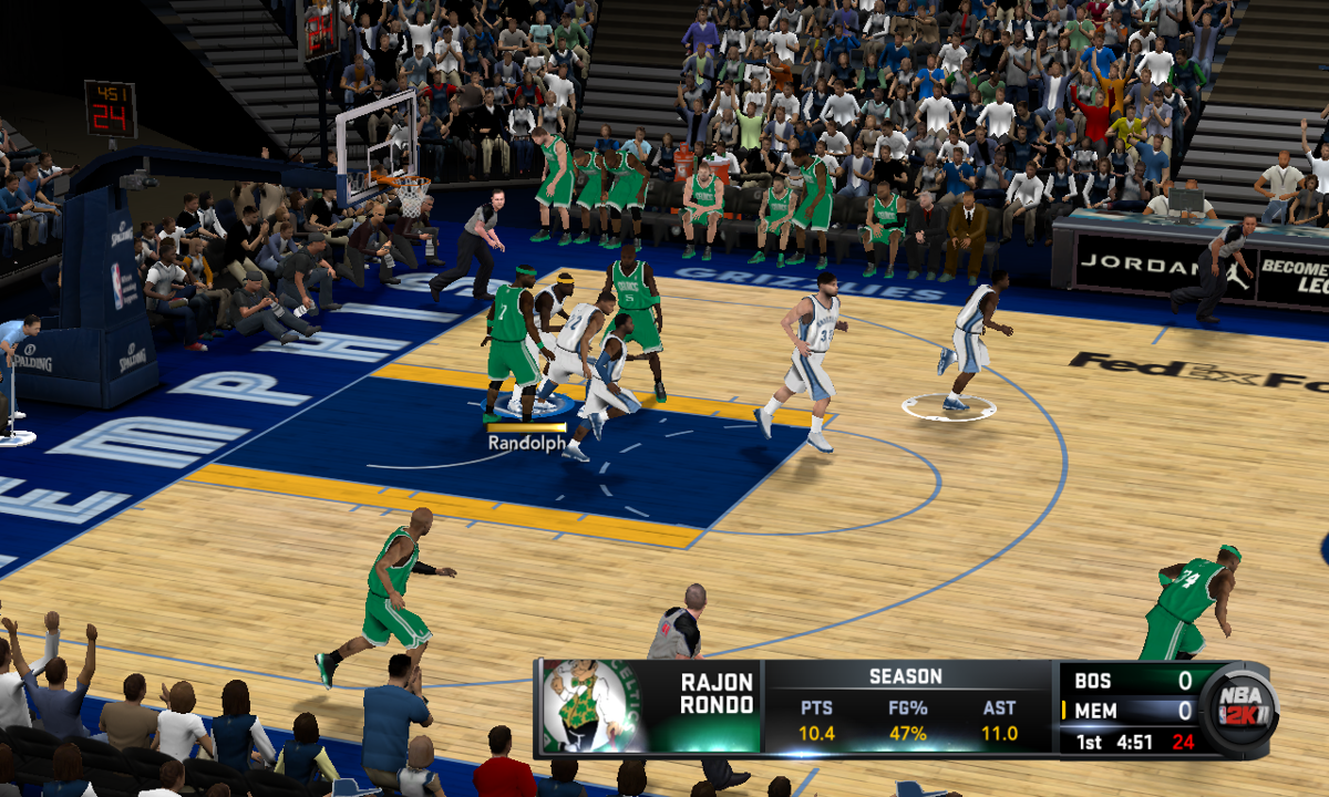 NBA 2K11 (Windows) screenshot: Grizzlies power forward Zach Randolph grabs a rebound...