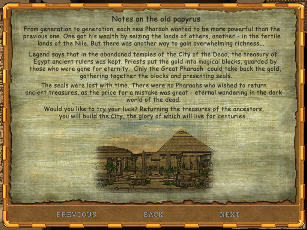 The Great Pharaoh (Windows) screenshot: The story from the help screens.