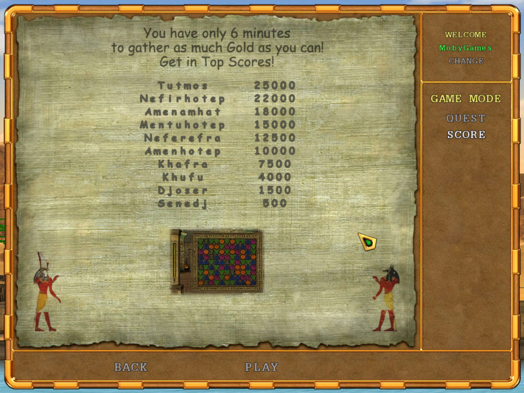 The Great Pharaoh (Windows) screenshot: The high scores for Score mode. This is unlocked after you beat Quest mode.