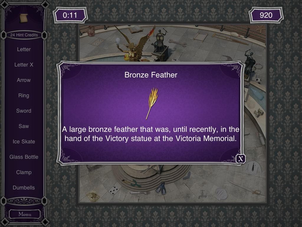 Hidden Mysteries: Buckingham Palace (iPad) screenshot: Victoria Memorial - Bronze Feather