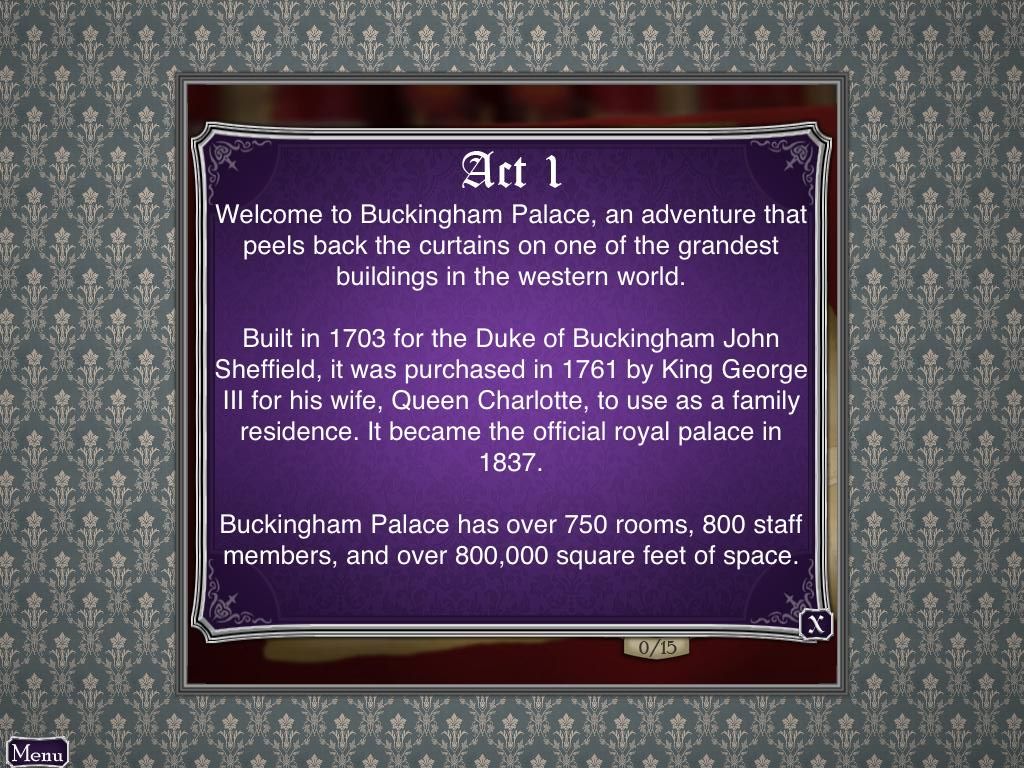 Hidden Mysteries: Buckingham Palace (iPad) screenshot: Act I