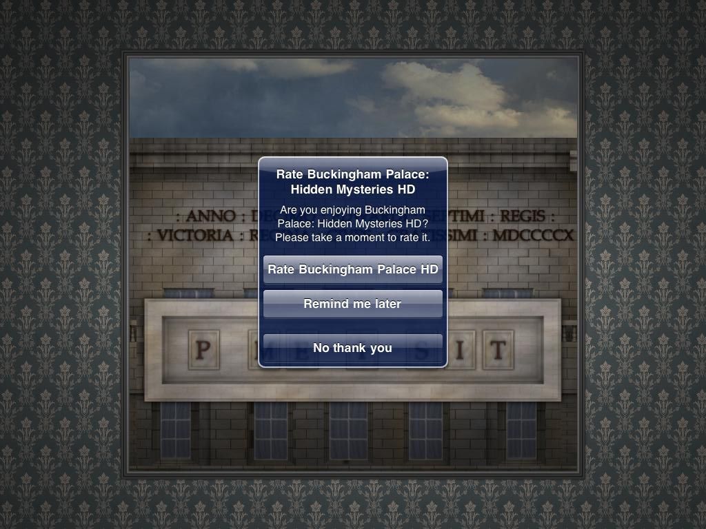 Hidden Mysteries: Buckingham Palace (iPad) screenshot: Rating request