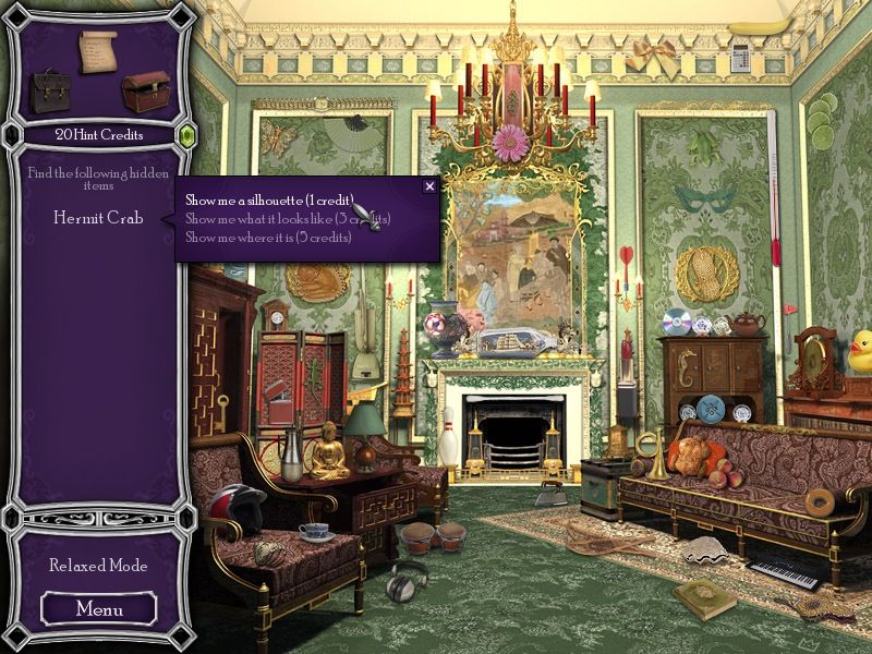 Hidden Mysteries: Buckingham Palace (Macintosh) screenshot: Chinese Chippendale Room - levels of hint help