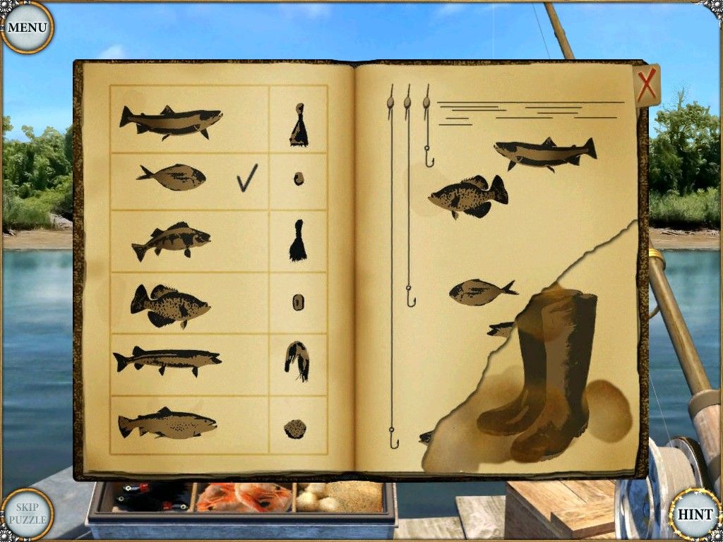 Treasure Seekers: Visions of Gold (iPad) screenshot: Book on bait and depth for which fish