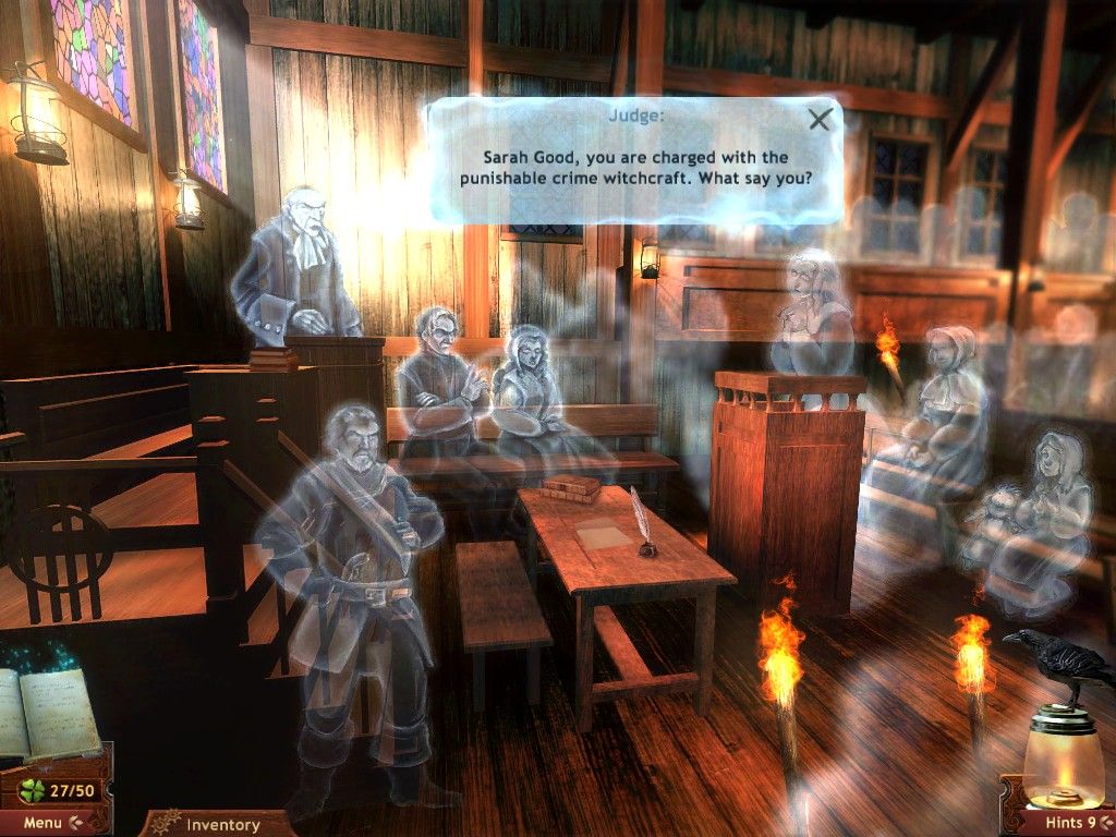 Midnight Mysteries: Salem Witch Trials (iPad) screenshot: Salem Courthouse courtroom trail of Sarah Good