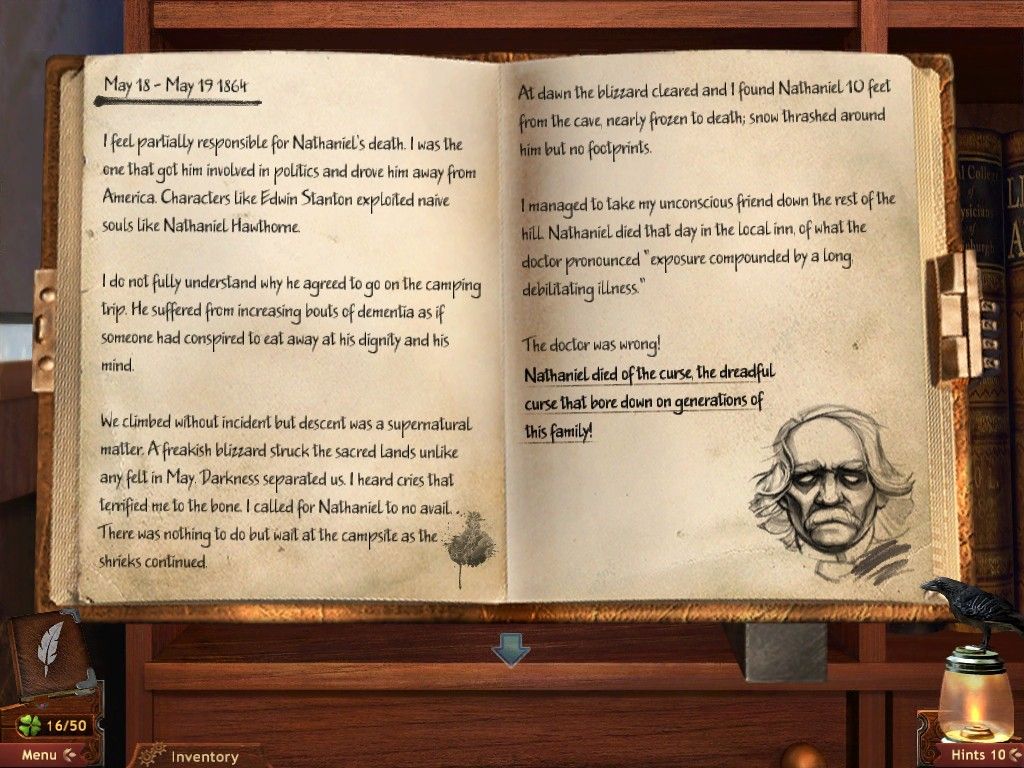 Midnight Mysteries: Salem Witch Trials (iPad) screenshot: Information on Hawthorne's death