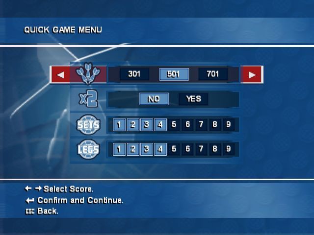 PDC World Championship Darts (Windows) screenshot: This is the 'Quick Game' configuration menu. It allows the player to select the target score, whether they must start on a double, and the number of games / legs in a match