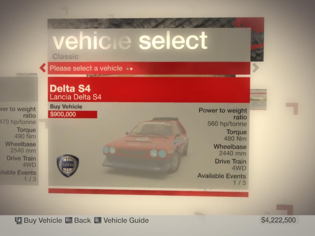 DiRT (Windows) screenshot: Buy a Lancia Delta for $900,000