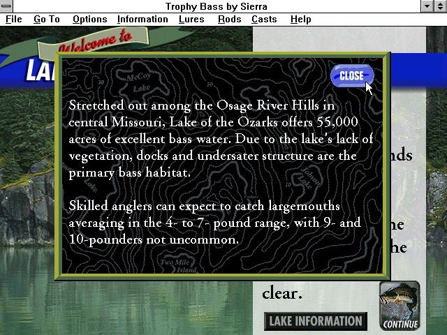 Trophy Bass (Windows 3.x) screenshot: Lake Information