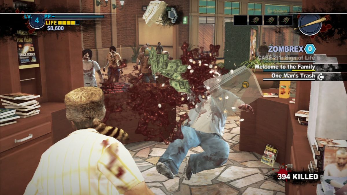 Dead Rising 2 (PlayStation 3) screenshot: Throw a cash register at zombies to knock them down and also find a couple hundred dollars for grabs.