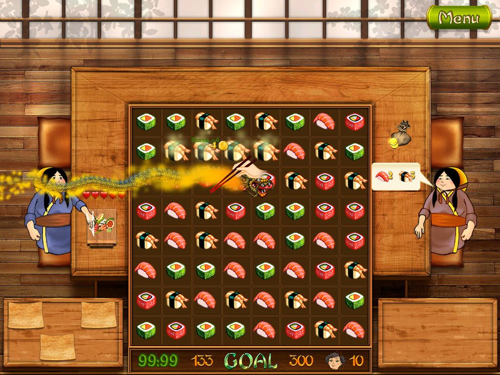 Asami's Sushi Shop (Windows) screenshot: WOOSH! The patron on the right is ordering.