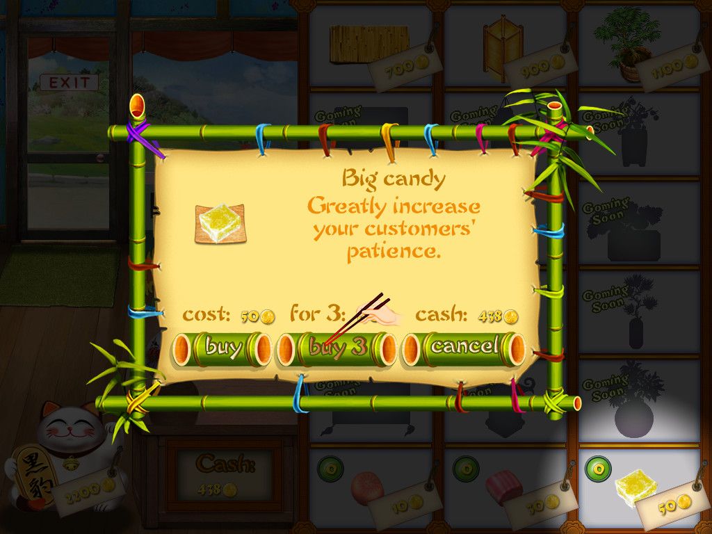 Asami's Sushi Shop (Windows) screenshot: Buying candy to appease impatient customers.