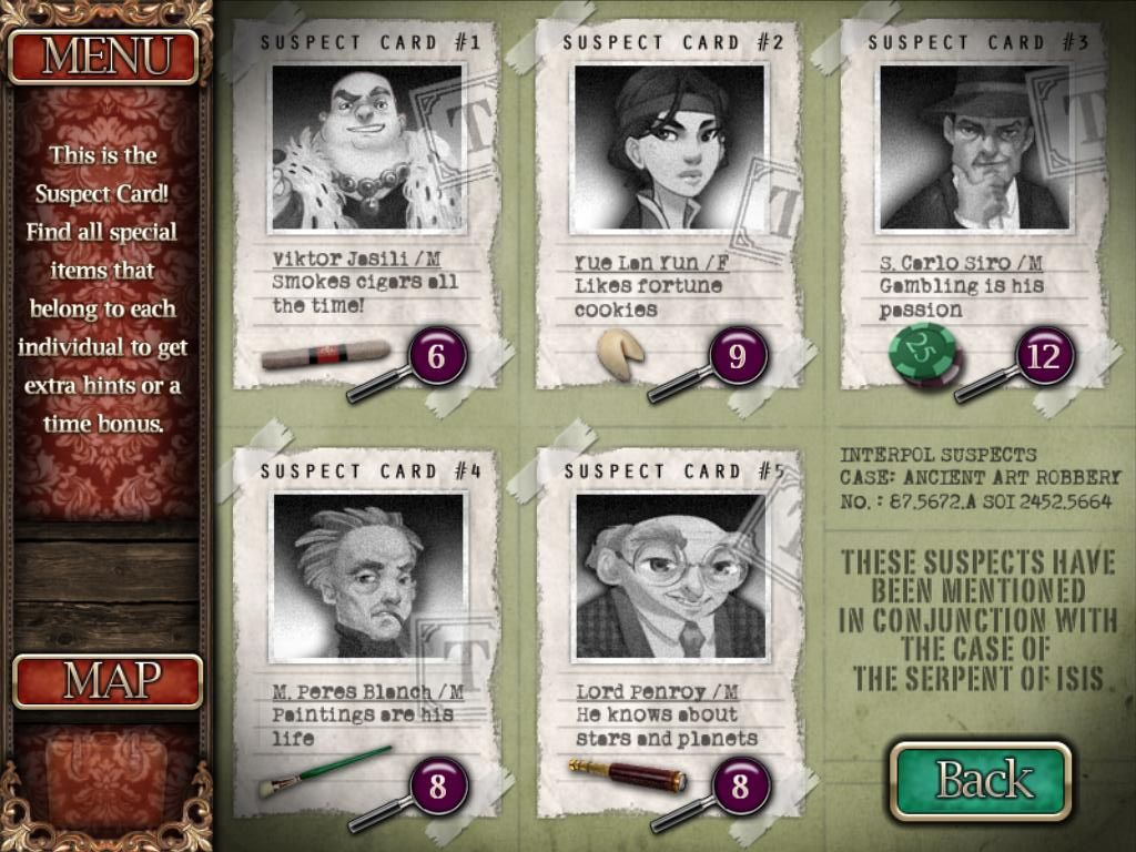 The Serpent of Isis (iPad) screenshot: Suspects