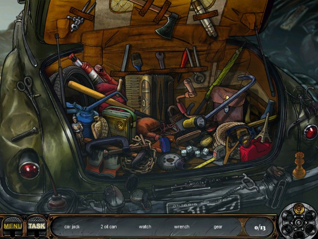 Nick Chase and the Deadly Diamond (iPad) screenshot: Junkyard car crusher trunk - objects