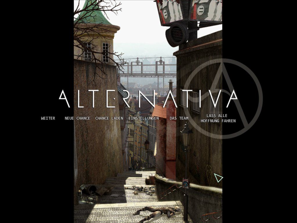 Alternativa (Windows) screenshot: The main menu shows a view down an old town lane of Prague.