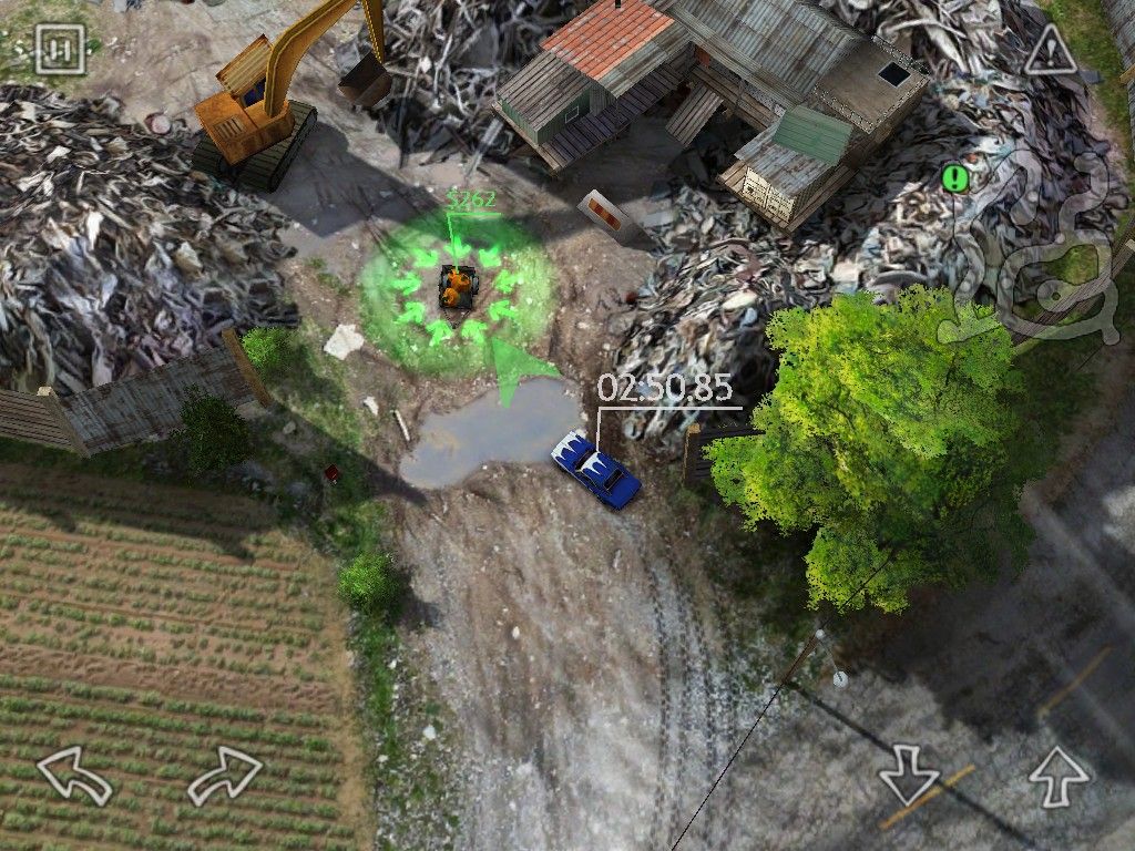 Reckless Racing (iPad) screenshot: Delivery is another game type. Pickup is clearly marked on the map with a green ! and with a simple drive by the trailer is attached