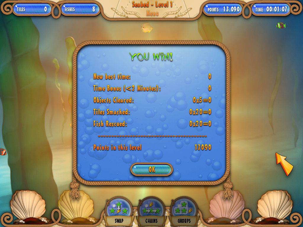 Atlantic Quest (Windows) screenshot: You Win! Level stats