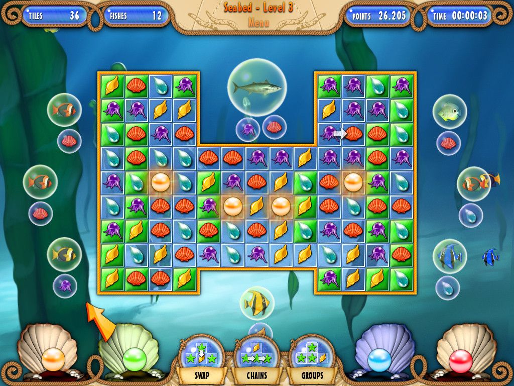 Atlantic Quest (Windows) screenshot: This level has orange pearls that, if collected, will give me the use of the clownfish extra.