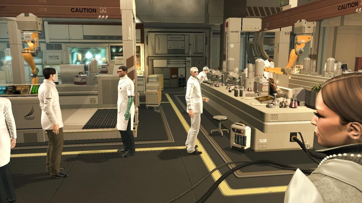 Deus Ex: Human Revolution (Windows) screenshot: Introduction in Sarif Industries Laboratory. Indoor office and lab-like environments are really well-done in this game