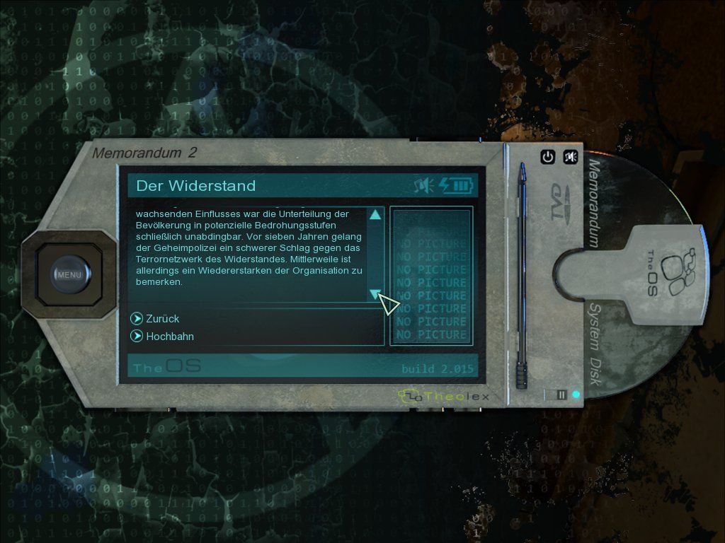 Alternativa (Windows) screenshot: The PDA contains the inventory, a database, and player for music and data disks.