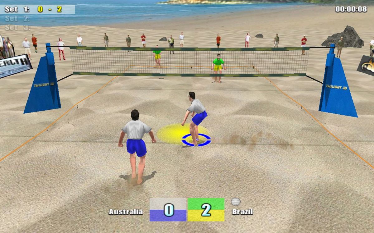 Beach Volleyball (Windows) screenshot: The yellow circle is vital because often the ball goes too high and is out of shot.