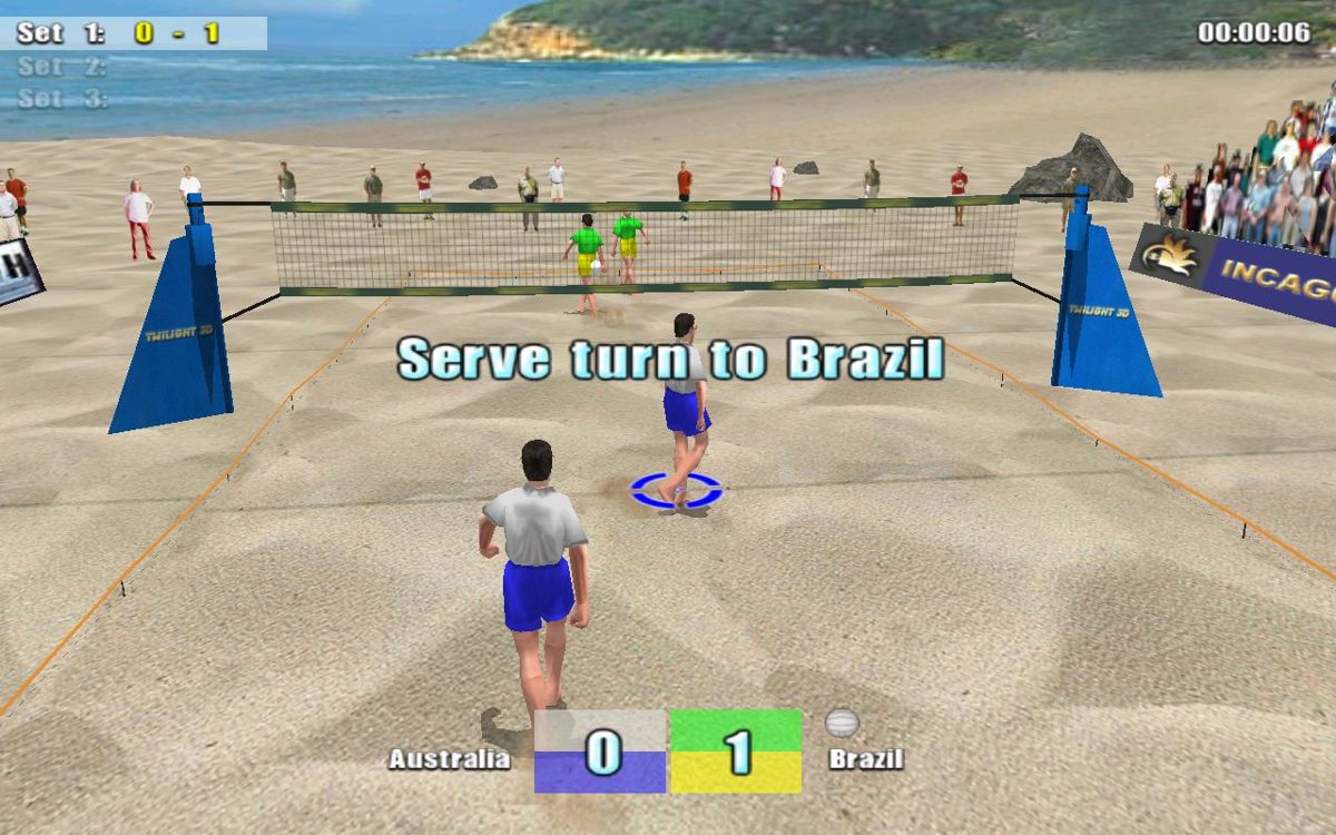 Beach Volleyball (Windows) screenshot: The Australian player did not manage to return the ball so lost the right to serve.