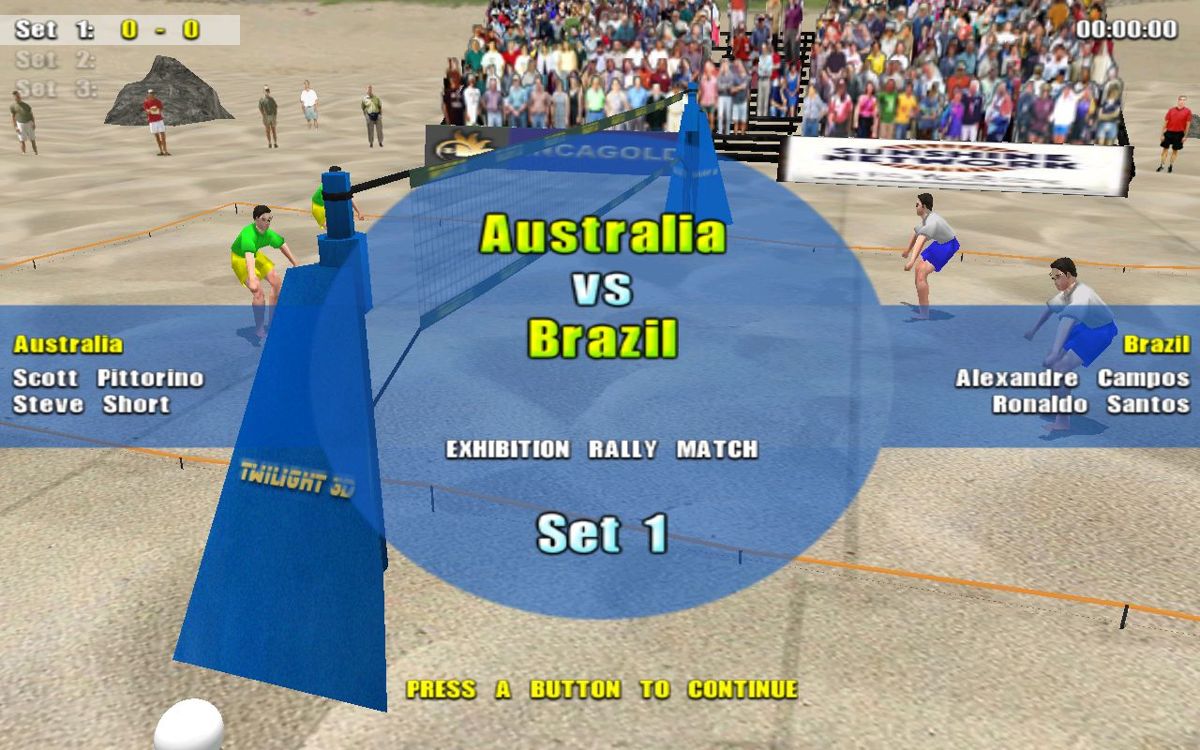 Beach Volleyball (Windows) screenshot: This is the start of the match. The game sets everything up and the camra circles the court waiting for the player(s) to get ready. Pressing a key starts the game.
